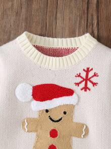 男婴休闲圣诞可爱姜饼人和雪花图案套头毛衣，秋冬季 - 杏色 - 查看 6