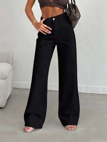 SHEIN PETITE 100%Cotton Women's Pocket Straight Loose Casual Versatile Jeans - Black - View 3