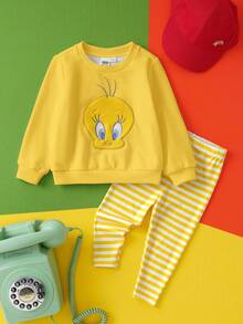 LOONEY TUNES X SHEIN 2pcs/Set Baby Girl Cartoon Tweety Bird Embroidery Sweatshirt And Yellow-White Striped Print Leggings, Suitable For Autumn/Winter - Yellow - View 3