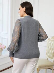 Modelyn Plus Size Pearl Decor Hollow Out Long Sleeve Pullover Sweater/Winter - Beige - View 3