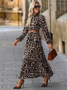 Solivie 女士豹纹简约长袖连衣裙，休闲日常穿着 - 彩色 - 查看 5