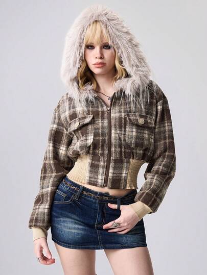 Hippie Y2K Autumn/Winter Waist Cinched Retro Plaid Woolen Jacket