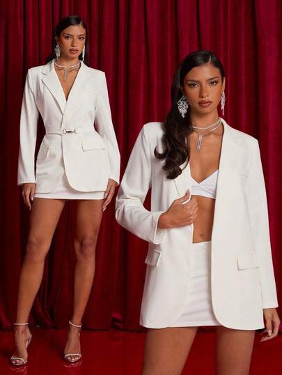 SHEIN Glamour SHEIN Glamour Women's Solid Color Commuter Casual Daily Wear Office Waist Cinched Long Sleeve Blazer,Elegant In White,Christmas Women's Clothing