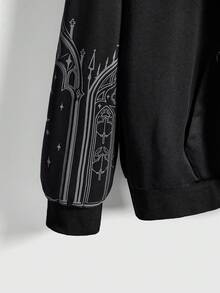 ROMWE Áo nỉ tay dài dáng rộng, in hình thánh giá nhà thờ Gothic cổ điển, cỡ lớn, thích hợp mặc mùa đông. - màu đen - Xem 4