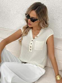 Camiseta de manga corta con cuello en V y tejido de gofre de unicolor, casual para primavera/verano - Albaricoque - Ver 4