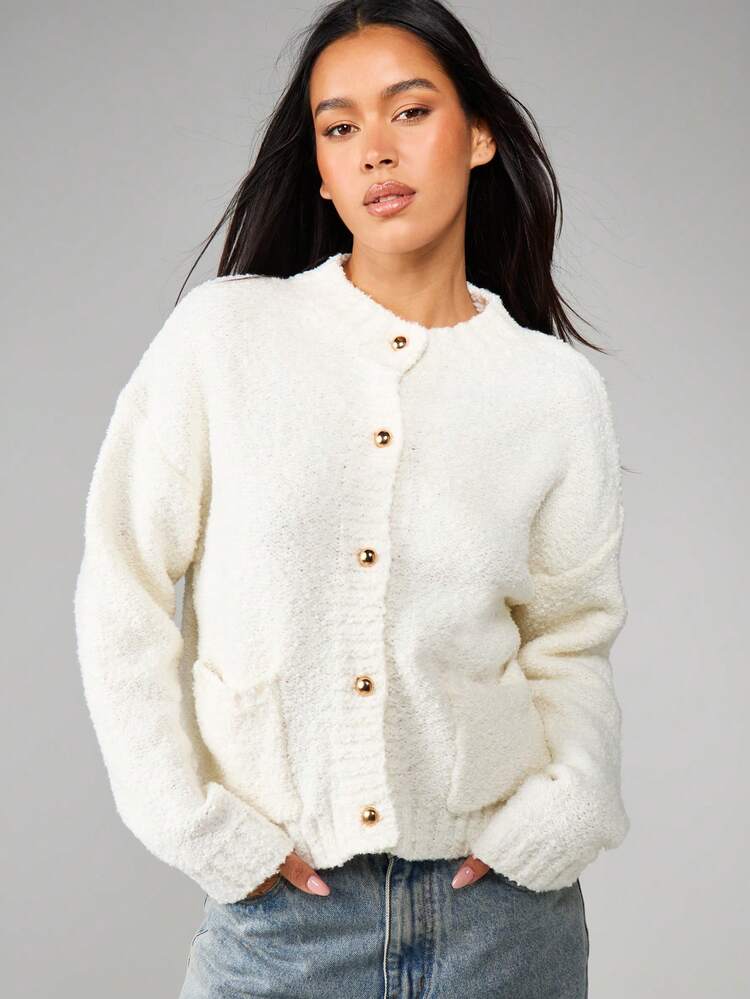 MISSGUIDED Cream Button Front Cardigan With Gold Hardware Long Sleeve Cozy Knit Winter Sweater