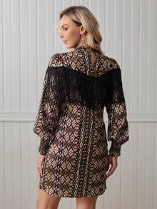 LanaWest Robe décontracté minimaliste de tous les jours pour femmes, nouvelle robe noire à imprimé numérique multicolore avec col mao, col rond, manches longues froncées, coupe évasée, patchwork à franges rétro bohème, pour l'automne/hiver - Noir - Voir 2
