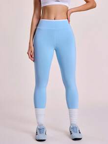 Sovereign Charm 女士秋冬运动紧身裤，蓝色撞色腰带，常规腰型，半隐藏式口袋，七分裤长，修身剪裁，适合日常休闲穿着、跑步、瑜伽、健身、网球、高尔夫等运动。 - 藍色 - 查看 3