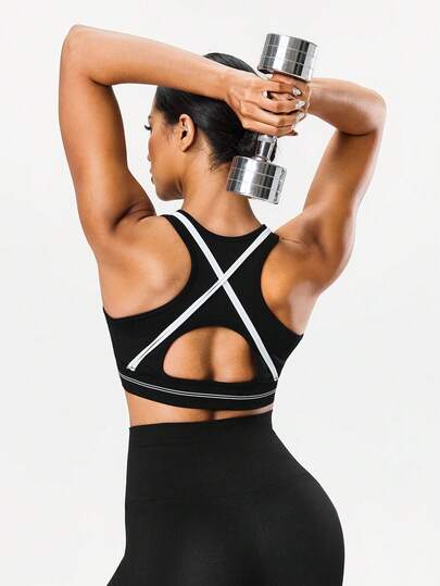 Seamluxe SHEIN Sport Women's Colorblock Hollow-Out Letter Elastic Sports Bras, Casual & Comfortable