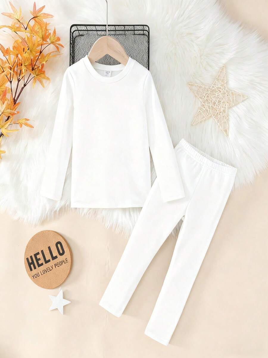 2pcs/Set Young Girl Round Neck Long Sleeve Top & Leggings Tight-Fitting Underwear Set White Set Fall Clothes Outfit Set Girls White Set Winter Young Girls Sets Girl Clothes Set Girl Fall Sets White Kids Outfit Girl - Apricot - View 1