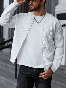 Manfinity CasualCool 男士休闲纯色拉链棒球领夹克，夏季白色夹克，复古风格，适合日常休闲、周末旅行、户外活动、探险旅行、轻松的工作环境或半正式场合，可作为男友/丈夫礼物、周年纪念礼物、派对礼物或圣诞节礼物，长袖上衣