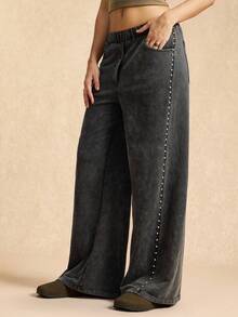 Easelle Black Knit Retro Stretch Waist Straight Loose Casual Women's Sports Pants Sweatpants With Studded Sides And Snowflake Pattern, Autumn And Winter Long Pants. - Black - View 8