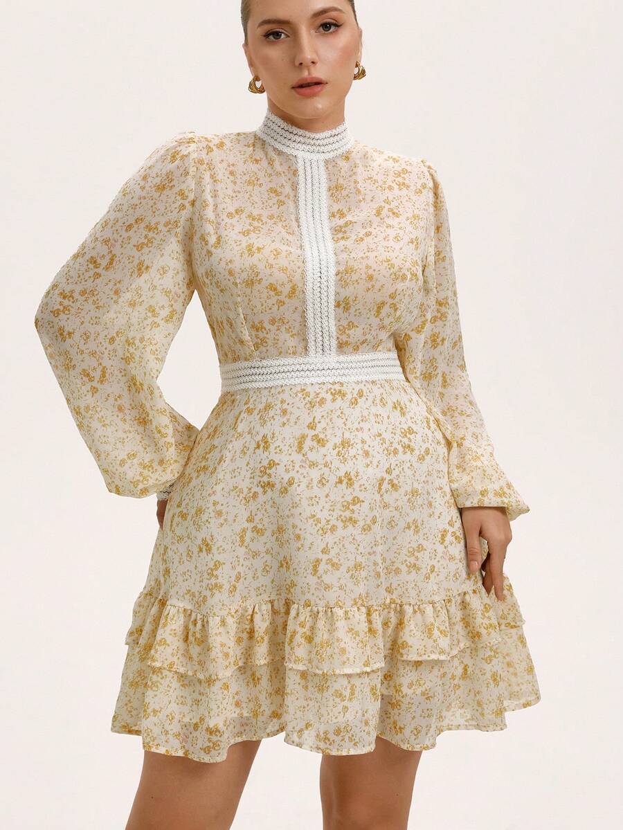 EMERY ROSE 复古优雅小碎花透明雪纺泡泡袖束腰性感女式大码迷你连衣裙 - 黃色 - 查看 1