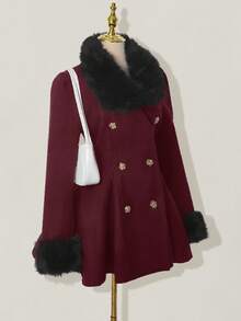 SHEIN ICON Women's Elegant Double-Breasted Flared Faux Fur Patchwork Jacket, Autumn/Winter Winter - Burgundy - View 5