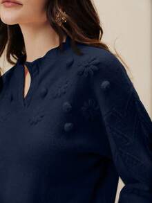 Anewsta Women's Embroidered Floral Navy Blue Sweater, Scissor Collar Design, Fashionable Loose Knit Top, Elegant Outerwear For Spring - Navy Blue - View 7
