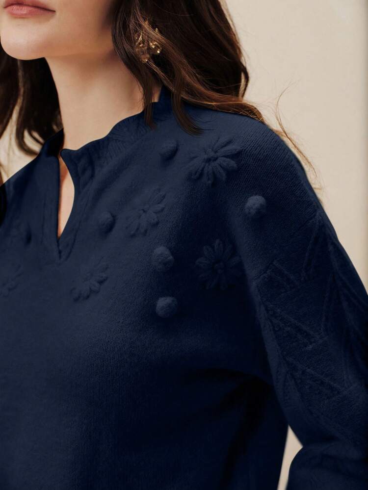 Women's Embroidered Floral Navy Blue Sweater, Scissor Collar Design, Fashionable Loose Knit Top, Elegant Outerwear For Spring