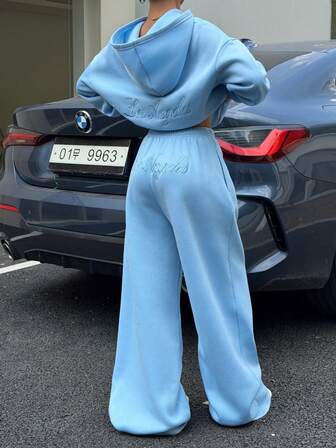 Muchica Dam Höst/vinter Nytt set med brevbroderad, casual, löst sittande huvtröja och mjukisbyxor, termofoder