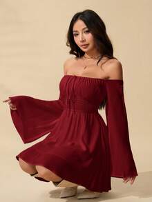 SHEIN PETITE 浪漫露肩荷叶边袖腰连衣裙 - 酒紅色 - 查看 6