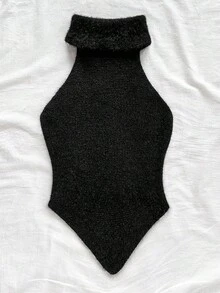 Soleia Casual High Neck Sleeveless Asymmetrical Hem Fitted Knit Vest Cute Black Top Black Body Suit - Black - View 7