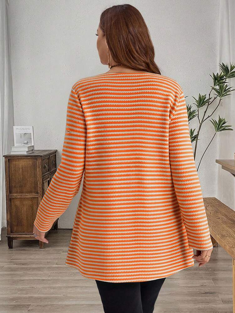 Plus Size Going Out TopsWomen Casual Striped Print Long Sleeve Loose T-Shirt, Winter Clothes For Women Christmas New Year Look  Stylish Clothing Collection