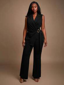 Radiana Plus Size Women's Fall & Winter Elegant Gorgeous Sexy Basic Plunging Neckline Sleeveless Metal Buckle Belted Blazer And Flare Legs Pants Suit Set,Suitable For High Street Style,Urban,Sexy Office