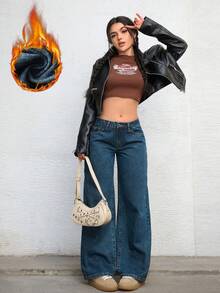 SHEIN ICON Celana Jeans Denim Hangat Kasual Warna Polos untuk Wanita - Biru - View 6