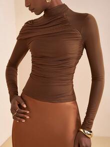 Zivah 2025 Winter New Arrivals - Global Carnival Season - Christmas, New Year, Valentine's Day - For Parties, Evenings, Dates, Gatherings, Birthday Parties - Preppy Style, Student Wear, Casual Outfits, Basic And Versatile, Casual, Cruise Travel, Influencer Hot Item, Elegant, Commuter, Business Casual, Simple, Long-Sleeved With A Blend On The Right Sleeve, Gathered, Lined Front, Brown Mesh, Slim Fit, Autumn/Winter Base Layer, Commuter Top, Party Top, Cocktail Party Top, Brown Top, Elegant Top, Women's Top Brown Long Sleeve Top - Brown - View 5