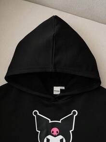 HELLO KITTY AND FRIENDS | SHEIN 青少年女孩休闲日常通勤可爱卡通字母印花口袋落肩连帽宽松运动衫，春秋季 - 黑色 - 查看 3