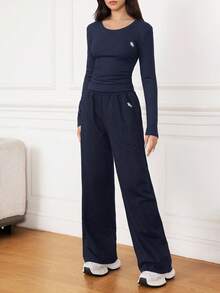 SHEIN Bộ 2 món/Bộ áo len cổ tròn tay dài thêu màu xám đơn giản cho bé gái tuổi teen và quần nỉ thêu cơ bản đa năng, thích hợp cho mùa xuân, mùa thu, mùa đông, trở lại trường học, mặc nhiều lớp - Màu xanh hải quân - Xem 4