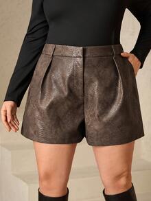 SHEIN Clasi Plus Size Women's PU Snake Skin Print Shorts,High-Waisted Wide-Leg Pleated Casual Brown Leather Shorts With Pockets,Pink And Grey,Summer,Casual,Night - Brown - View 10