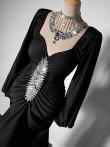 Viva Relle Plus Size Women Puff Sleeve Long Dress - Black - View 9