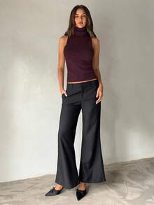 Aloruh Women's Autumn/Winter New High Neck Sleeveless Tight Ribbed Oatmeal Color Knit Vest Sweater, Suitable For Everyday Wear