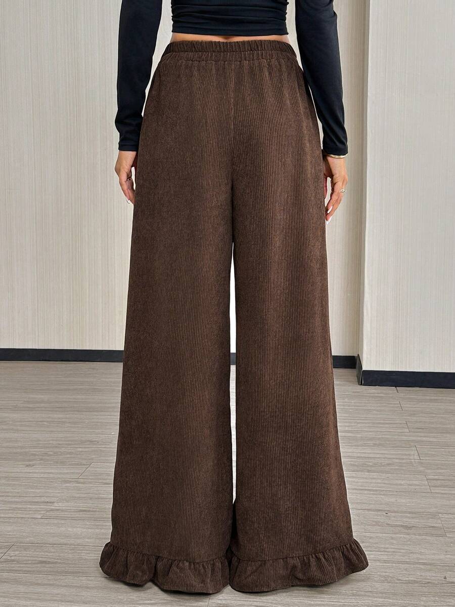 Easowa 女式棕色灯芯绒裤子，松紧腰带，带口袋，喇叭形下摆，宽松版型，秋冬 - 棕色 - 查看 1