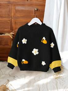 SHEIN 1 件柔软、亲肤、耐用、抗起球可爱 3D 蜜蜂和花朵装饰鲜艳可爱的黄色圆领毛衣，撞色袖子设计，轻质针织套衫年轻女孩，适合秋冬休闲、学校、户外穿着 - 黑色 - 查看 3
