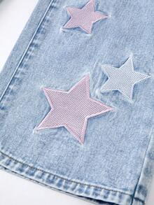 SHEIN ChillGRL 少女新款时尚做旧雪花刺绣宽松阔腿牛仔裤，Y2K学院风，街头风，休闲，可爱，复古，千禧年代风格