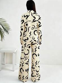 Chiquease Damen Französischer eleganter Lässig Pendler Schulanfang Schwarz & Weiß geometrischer Blume Muster Langarm 2-teiliges Set