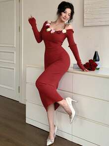 DAZY Váy đuôi cá ôm sát đính hoa thanh lịch dành cho nữ, phù hợp cho năm mới, Giáng sinh, đám cưới, tiệc tùng, váy dạ hội, mùa thu/đông/xuân - Đỏ - Xem 4