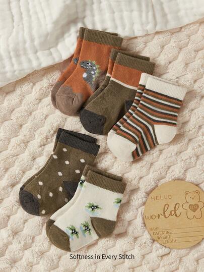 Cozy Pixies 5 Pairs Of Baby Cotton Socks,Newborn Elastic Mouth Tube Cute Dinosaur Cartoon Baby Children's Socks