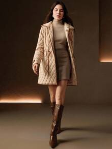 Anewsta 女式休闲简约拼布领轻薄绗缝棉服外套，短款，杏色，冬季 - 杏色 - 查看 5