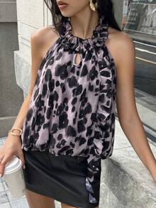 Zielony Grey Summer Elegant Leopard Print Halter Neck Backless Chiffon Loose Fit Sleeveless Top,Brunch Ruffle Animal Print Cheetah Print Ruffle Top - Multicolor - View 5