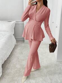 SHEIN Bộ 2 món áo và quần trơn màu thanh lịch cho bà bầu - Màu Hồng baby - Xem 5