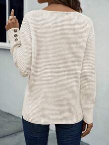 SHEIN Áo thun nữ cổ chữ V cài nút họa tiết kẻ sọc dứa mới - Màu be - Xem 2