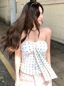DAZY Women's Polka Dot Bandeau Camisole Sleeveless Tie Design Casual Sexy Top - White - View 6