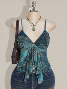 SHEIN ICON Áo kiểu cỡ lớn gợi cảm, phong cách retro Bohemian, kiểu Y2K Millennium, họa tiết Paisley xanh lá cây, xếp nếp, chất liệu lưới xuyên thấu, áo kiểu Hippie, áo kiểu miền Tây, áo kiểu Bohemian. - Màu xanh lam - Xem 1