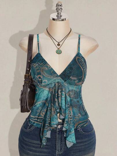 SHEIN ICON 大码性感复古波西米亚风Y2K千禧风蓝绿色佩斯利印花荷叶边半透明网纱上衣嬉皮风上衣西部风上衣波西米亚风上衣