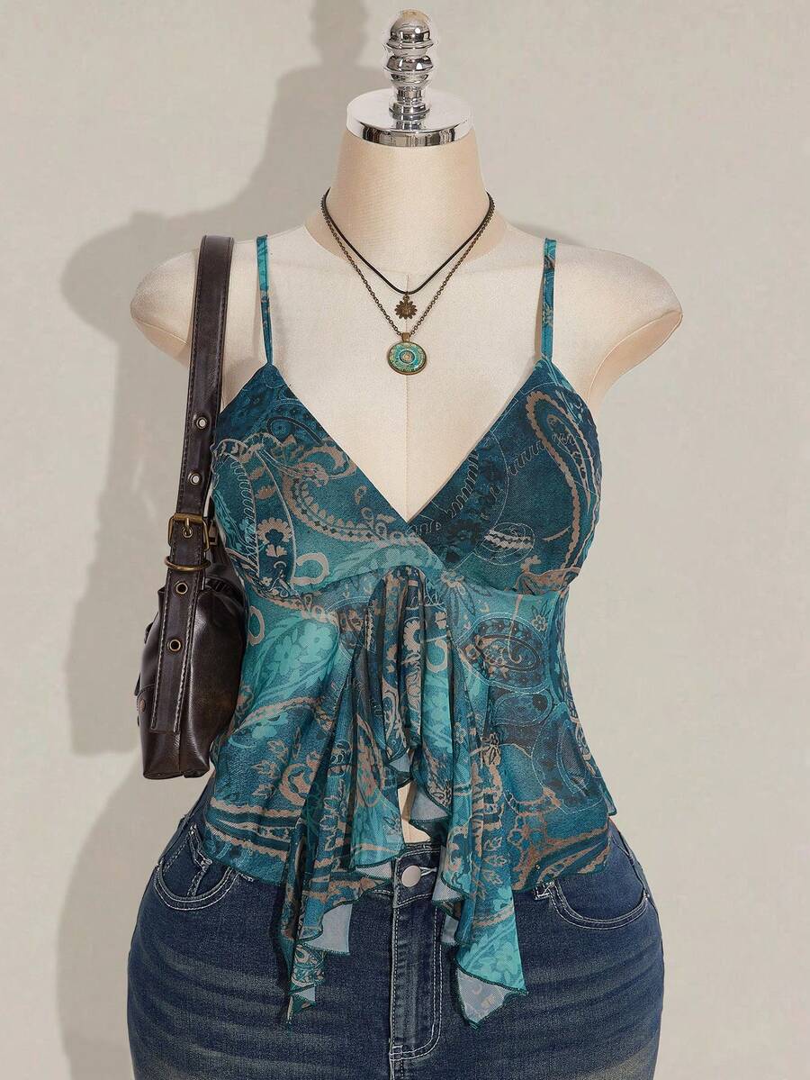 SHEIN ICON Áo kiểu cỡ lớn gợi cảm, phong cách retro Bohemian, kiểu Y2K Millennium, họa tiết Paisley xanh lá cây, xếp nếp, chất liệu lưới xuyên thấu, áo kiểu Hippie, áo kiểu miền Tây, áo kiểu Bohemian. - Màu xanh lam - Xem 1