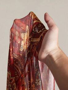 SHEIN ICON 大码性感复古波西米亚风西部女孩度假音乐节上衣：红色佩斯利印花上衣，正面蝴蝶结系带，透视网纱V领喇叭袖/冬季上衣 - 紅色 - 查看 11