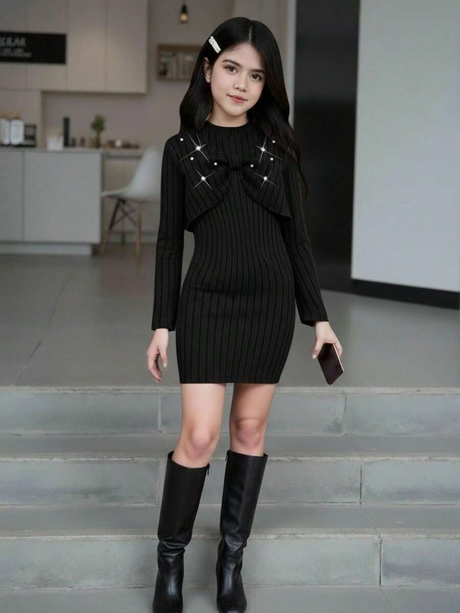 2pcs/Set Tween Girl Casual Outfit, Long Sleeve Crop Top With Pearl Decor & A-Line Bodycon Mini Dress, Spring & Autumn - Black - View 1