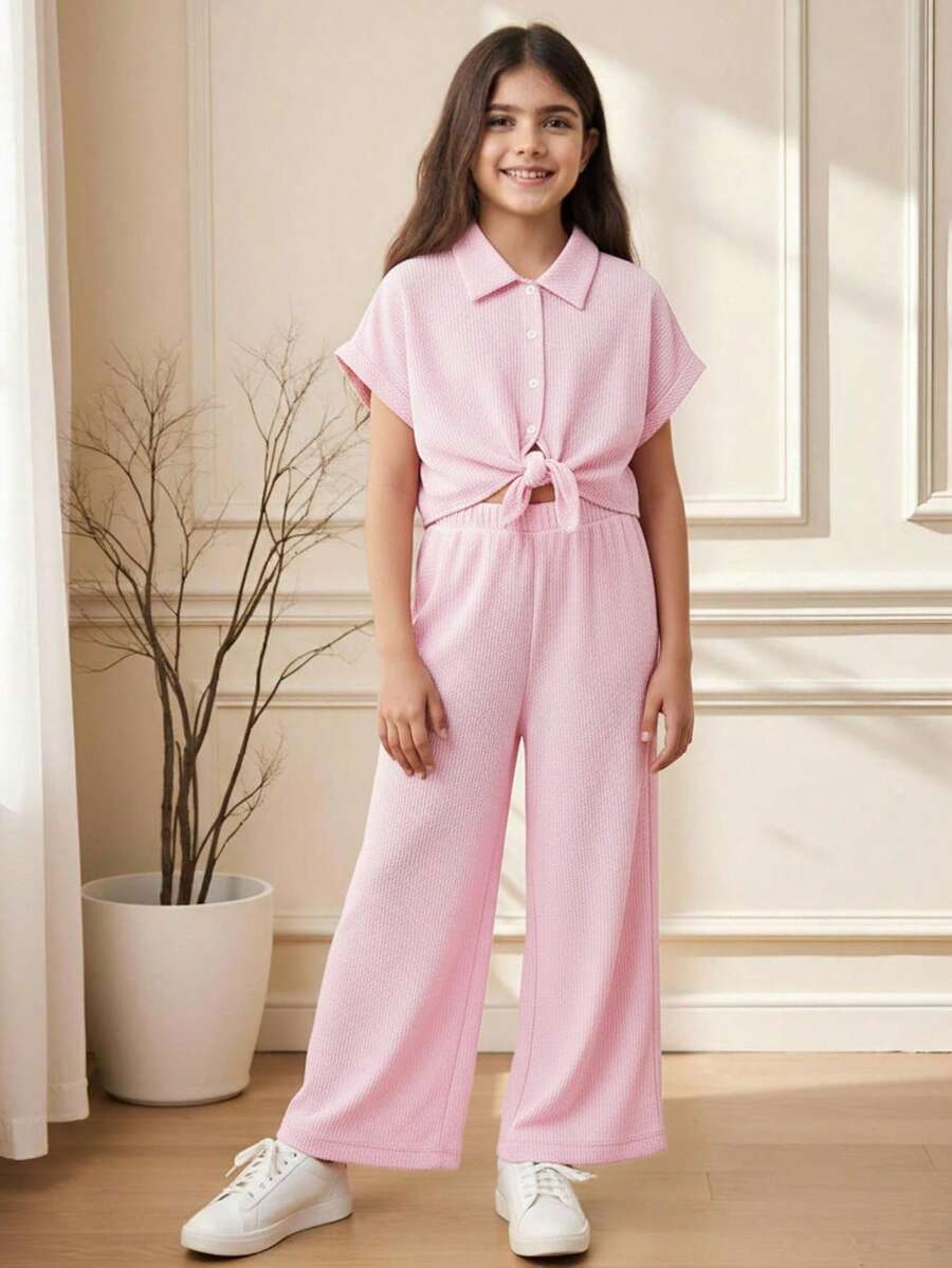 Set de 2 piezas de camisa de manga corta de algodón tejido a rayas con pantalones de pierna ancha para niñas, conjunto informal de primavera/verano para vacaciones - Rosa - Ver 1