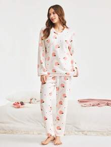 Bonmuse 两件套冬季珊瑚绒睡衣套装，保暖睡裤，清新水果印花家居服套装，两件套，秋冬服装